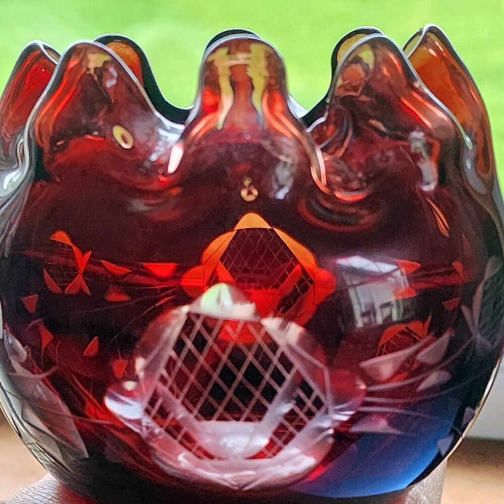 Art Glass Ruby Red Cut To Clear Crystal Czech Bohemian Rose Bowl Ruffle Top READ